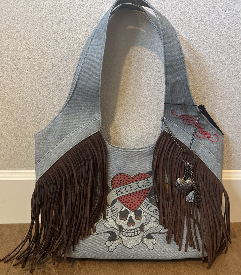 Vintage Ed Hardy Denim Fringe Hobo Bag Rhinestone Skull Heart Love Kills Slowly
